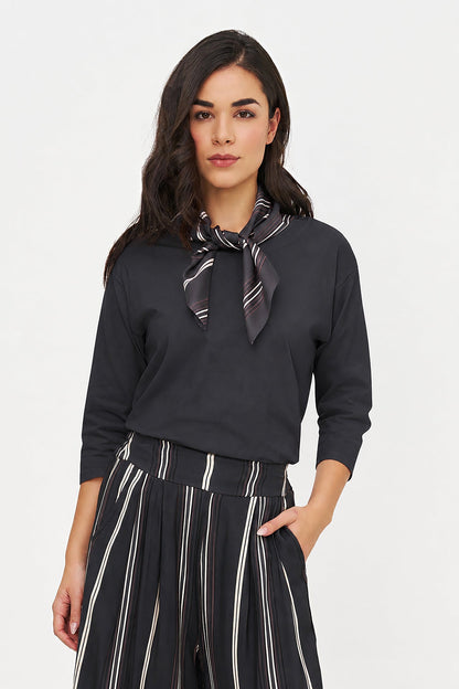 Women's Crew-Neck Top, 3/4 Sleeves & Removable Printed Satin Scarf