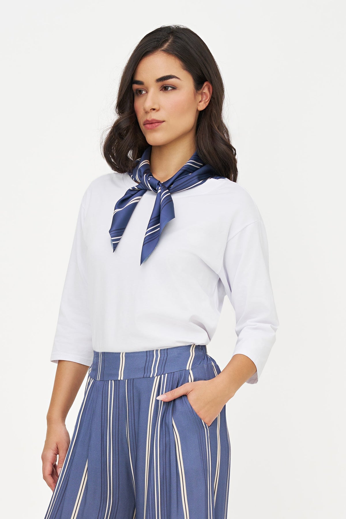 Women's Crew-Neck Top, 3/4 Sleeves & Removable Printed Satin Scarf