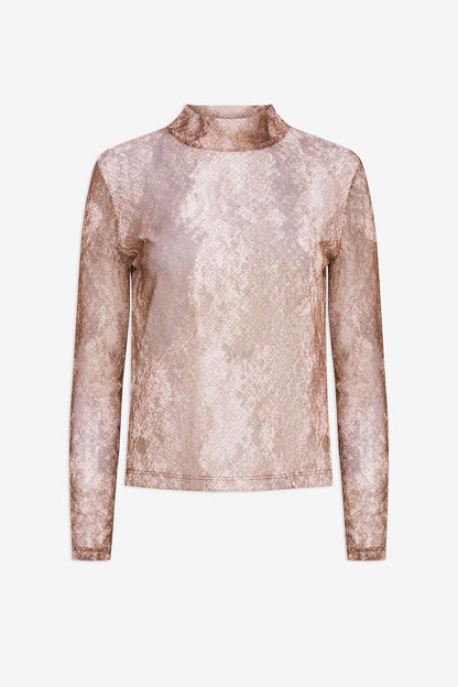 Women's Mesh-Knit Printed Top, with a Mock Neckline & Long Sleeves