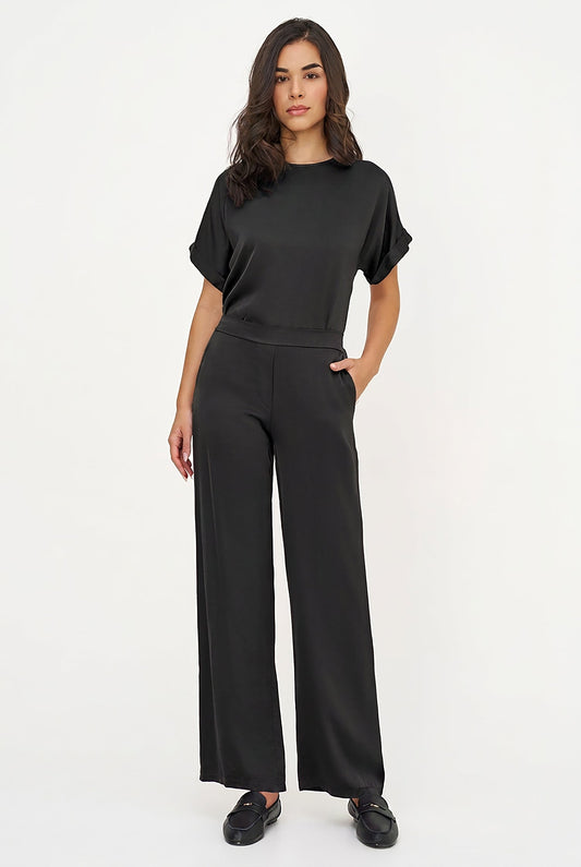 Women's Woven Crew-Neck Top, Short Cuffed Sleeves & Back Button