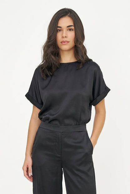 Women's Woven Crew-Neck Top, Short Cuffed Sleeves & Back Button