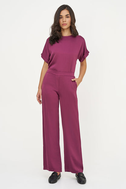 Women's Woven Crew-Neck Top, Short Cuffed Sleeves & Back Button