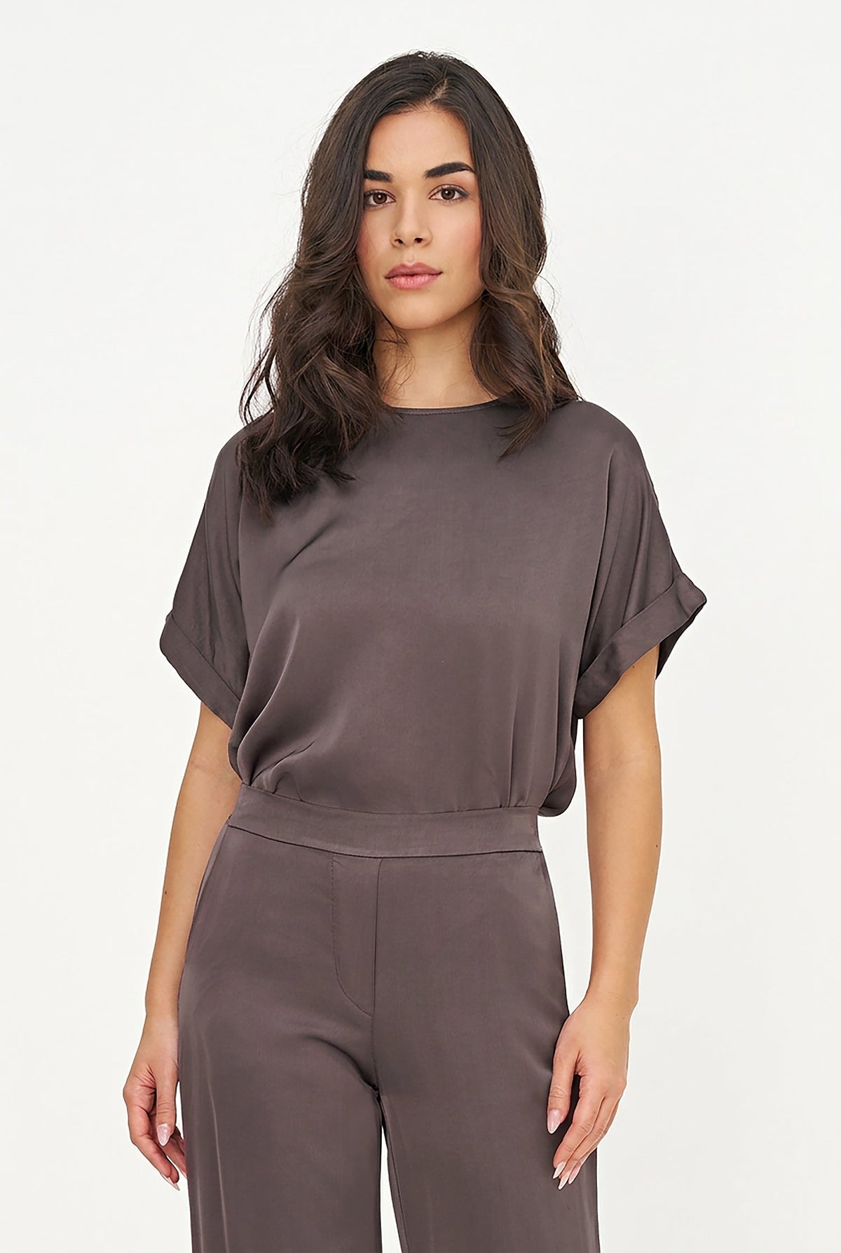 Women's Woven Crew-Neck Top, Short Cuffed Sleeves & Back Button