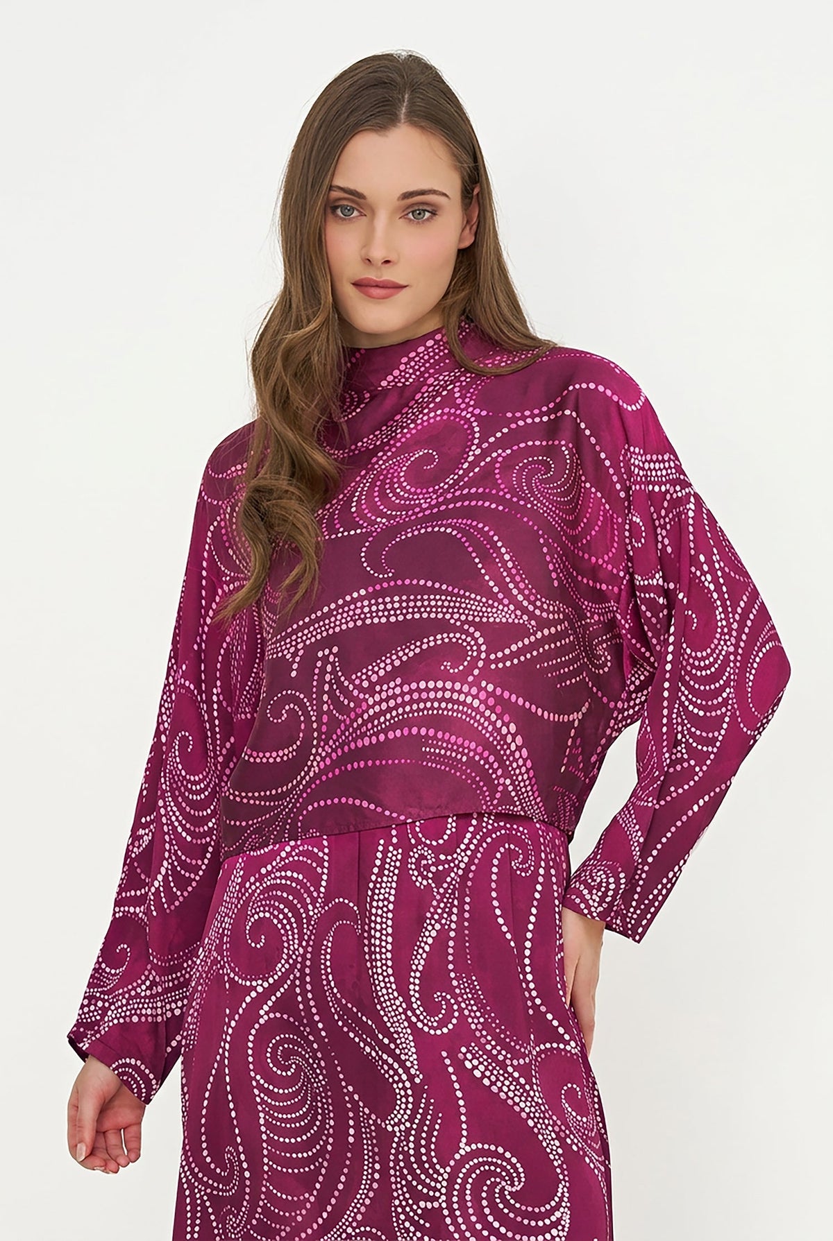 Women's Printed Woven Mock-Neck Caftan Top with Long Sleeves