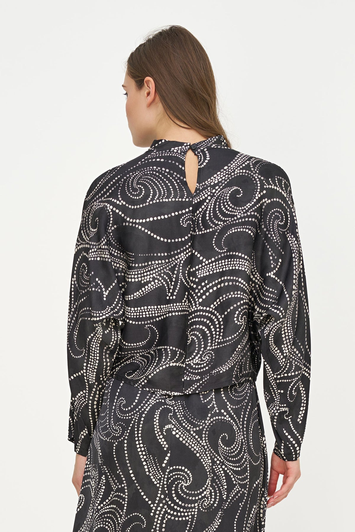 Women's Printed Woven Mock-Neck Caftan Top with Long Sleeves