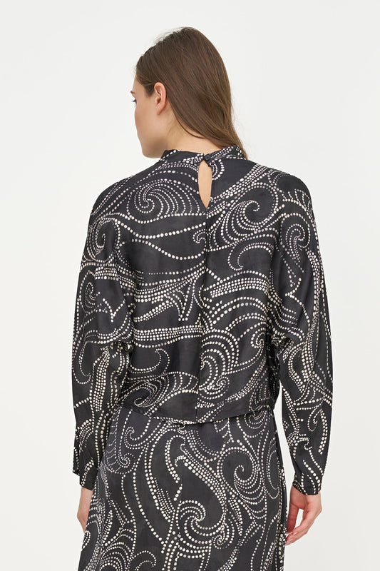 Women's Printed Woven Mock-Neck Caftan Top with Long Sleeves