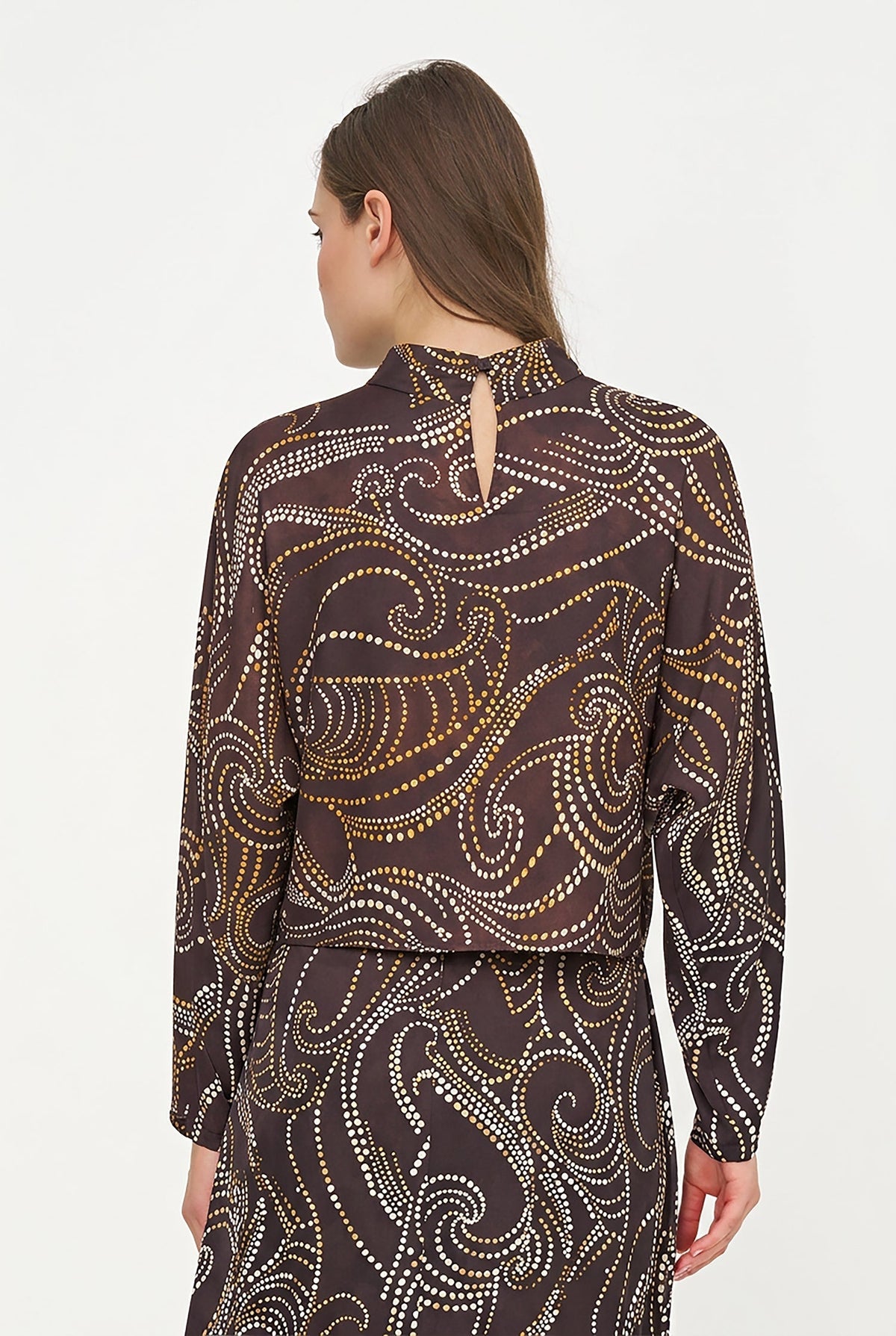 Women's Printed Woven Mock-Neck Caftan Top with Long Sleeves