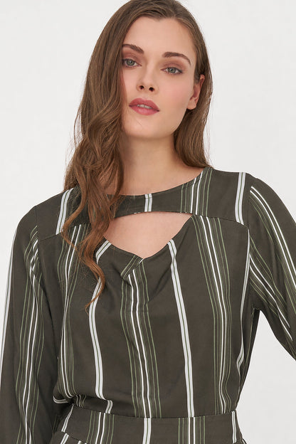 Women's Printed Woven Top with Long Sleeves & Chest Cutout Detail