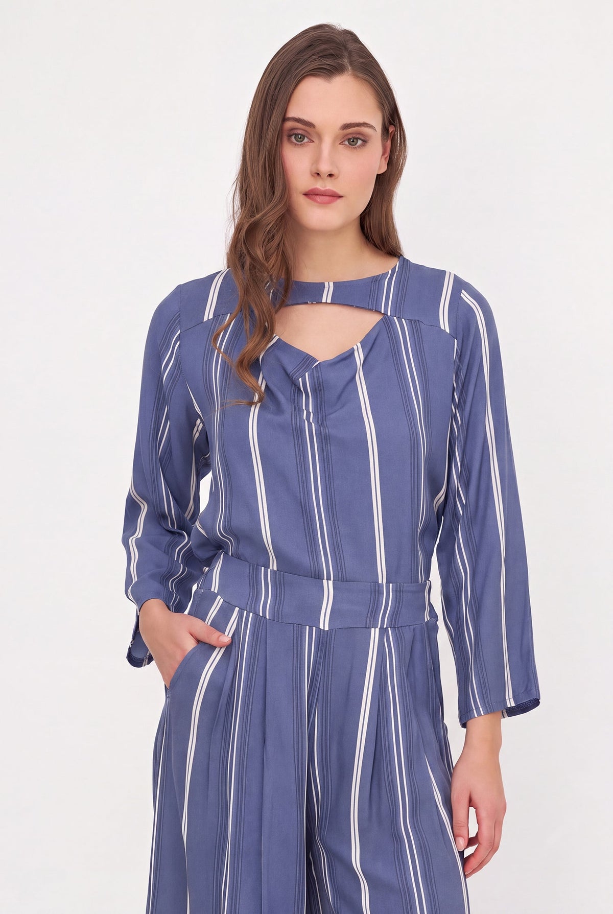 Women's Printed Woven Top with Long Sleeves & Chest Cutout Detail