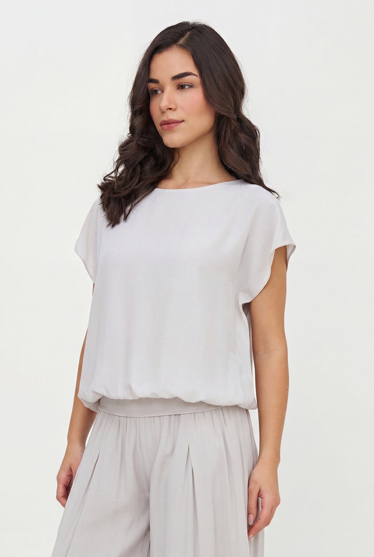 Women's Woven Boat-Neck Top, with Delicate Flowing Cap Sleeves & a Jersey Waistband Creating a Bubbled Effect