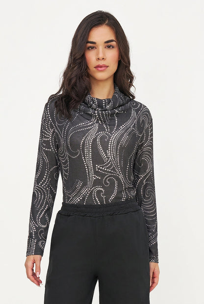 Women's Printed Knit Cowl-Neck Top with Long Sleeves