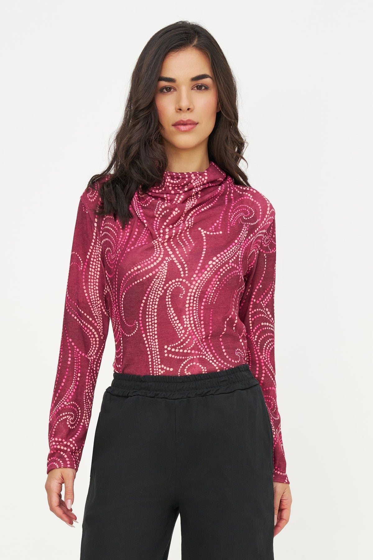 Women's Printed Knit Cowl-Neck Top with Long Sleeves