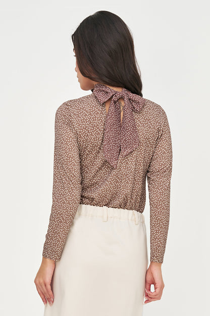 Women's Soft Printed Knit Top, Long Sleeves & Tie-Back Scarf Collar