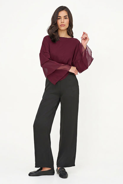Women's Woven Crew-Neck Top with Long Layered Bell Sleeves
