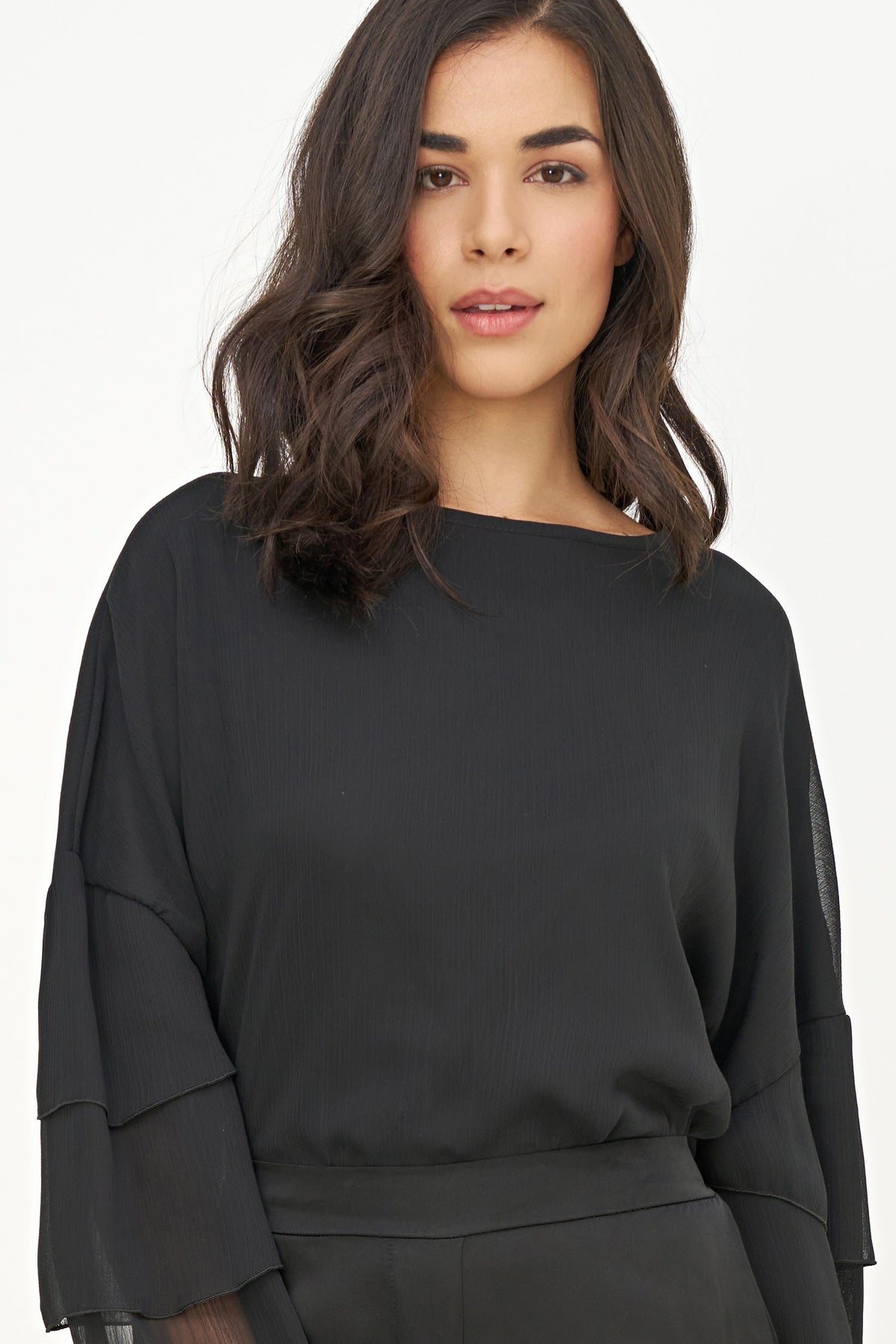 Women's Woven Crew-Neck Top with Long Layered Bell Sleeves