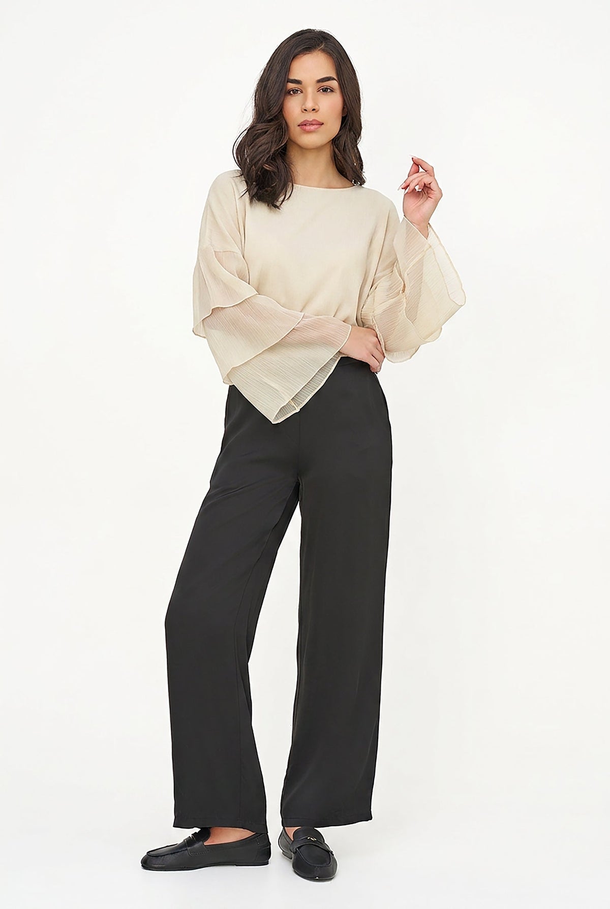 Women's Woven Crew-Neck Top with Long Layered Bell Sleeves