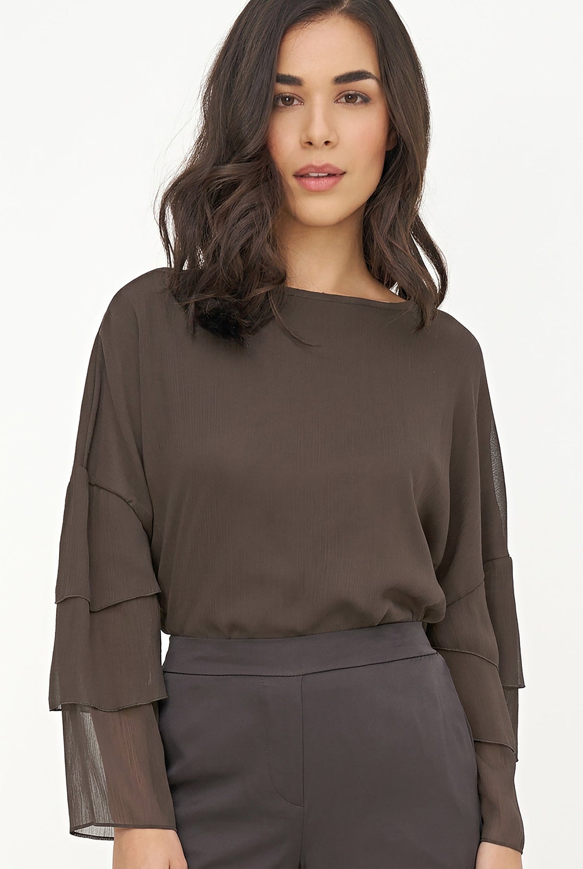 Women's Woven Crew-Neck Top with Long Layered Bell Sleeves