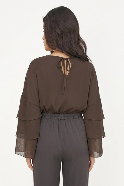 Women's Woven Crew-Neck Top with Long Layered Bell Sleeves