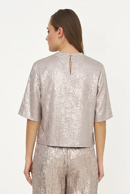 Women's Woven Mock-Neck Top with Elbow-Length Sleeves