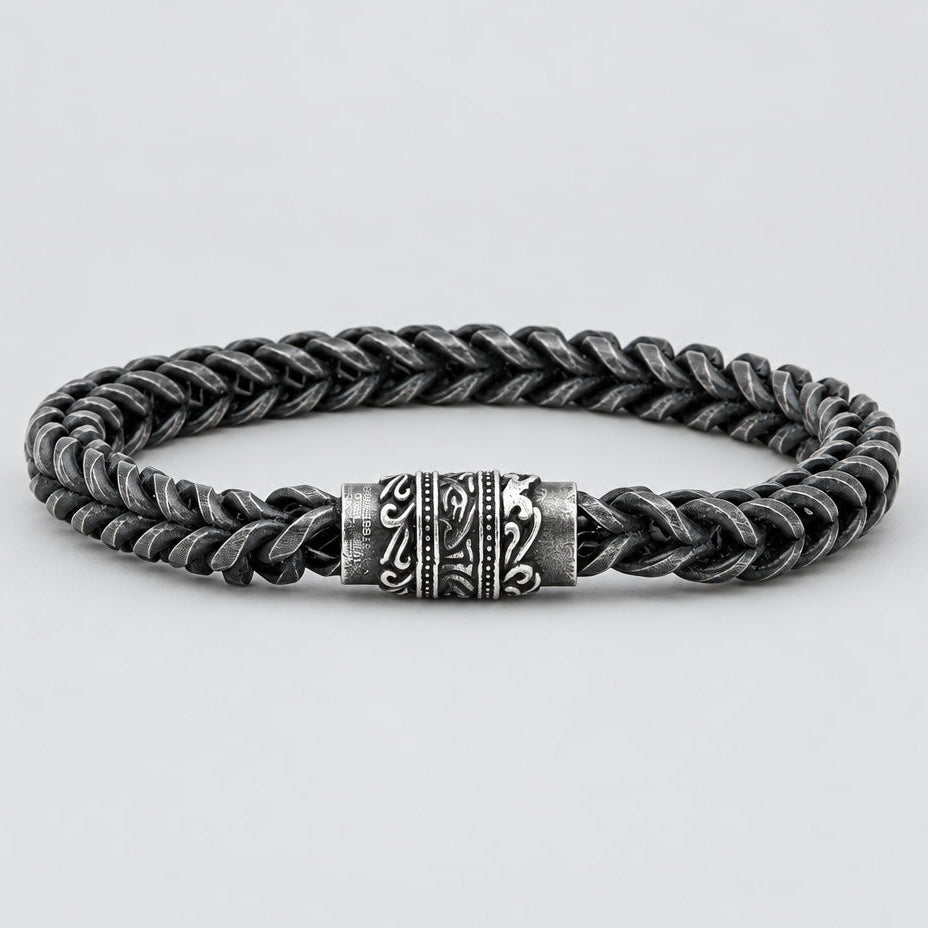 Men's Oxidized Steel Chain Bracelet. Wheat Link Engraved Magnetic Clasp Biker Jewelry