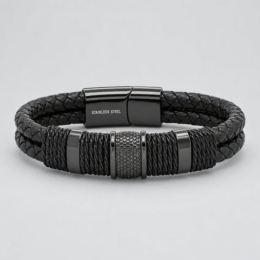 Men's Stealth Black Braided Leather & Stainless Steel Biker Bracelet