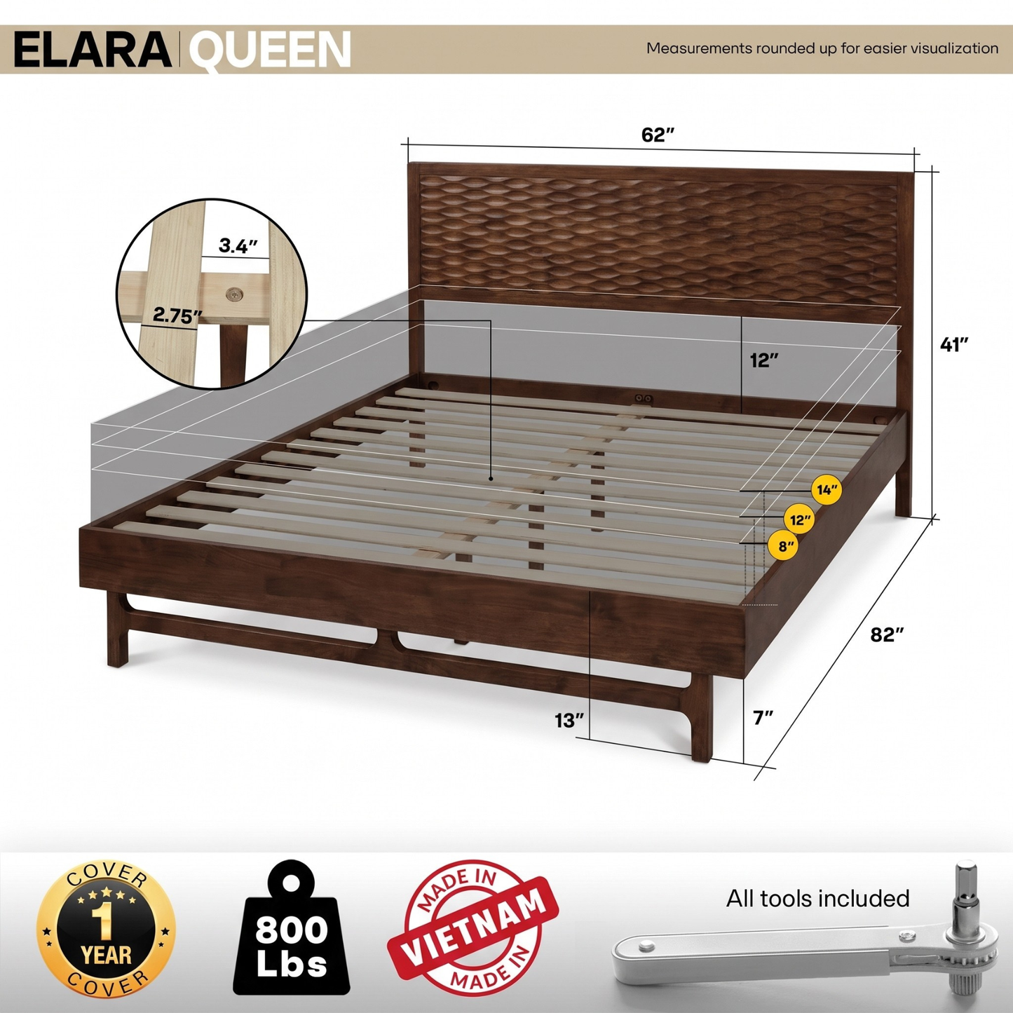 Elara Solid Wood Bed Frame