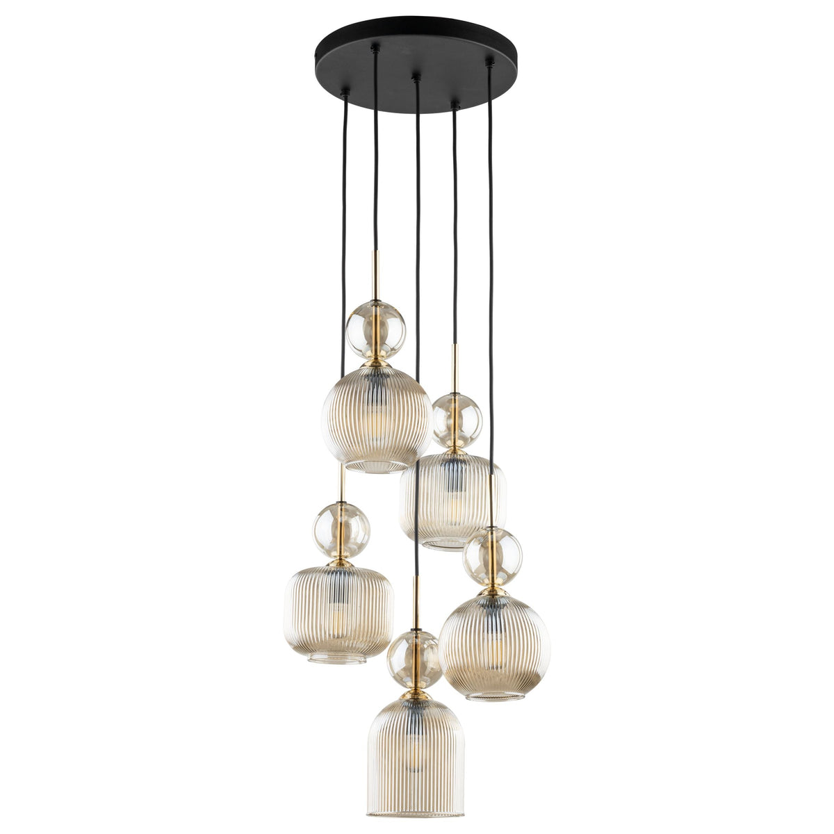 SOPHIA Cognac Ribbed Glass 5-Light Cluster Pendant for Dining, Living Room & Hallway