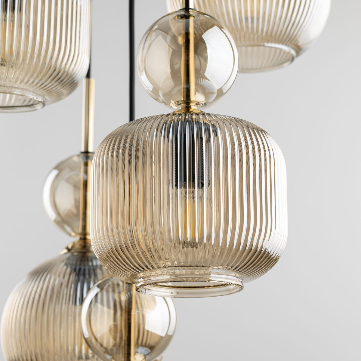 SOPHIA Cognac Ribbed Glass 5-Light Cluster Pendant for Dining, Living Room & Hallway