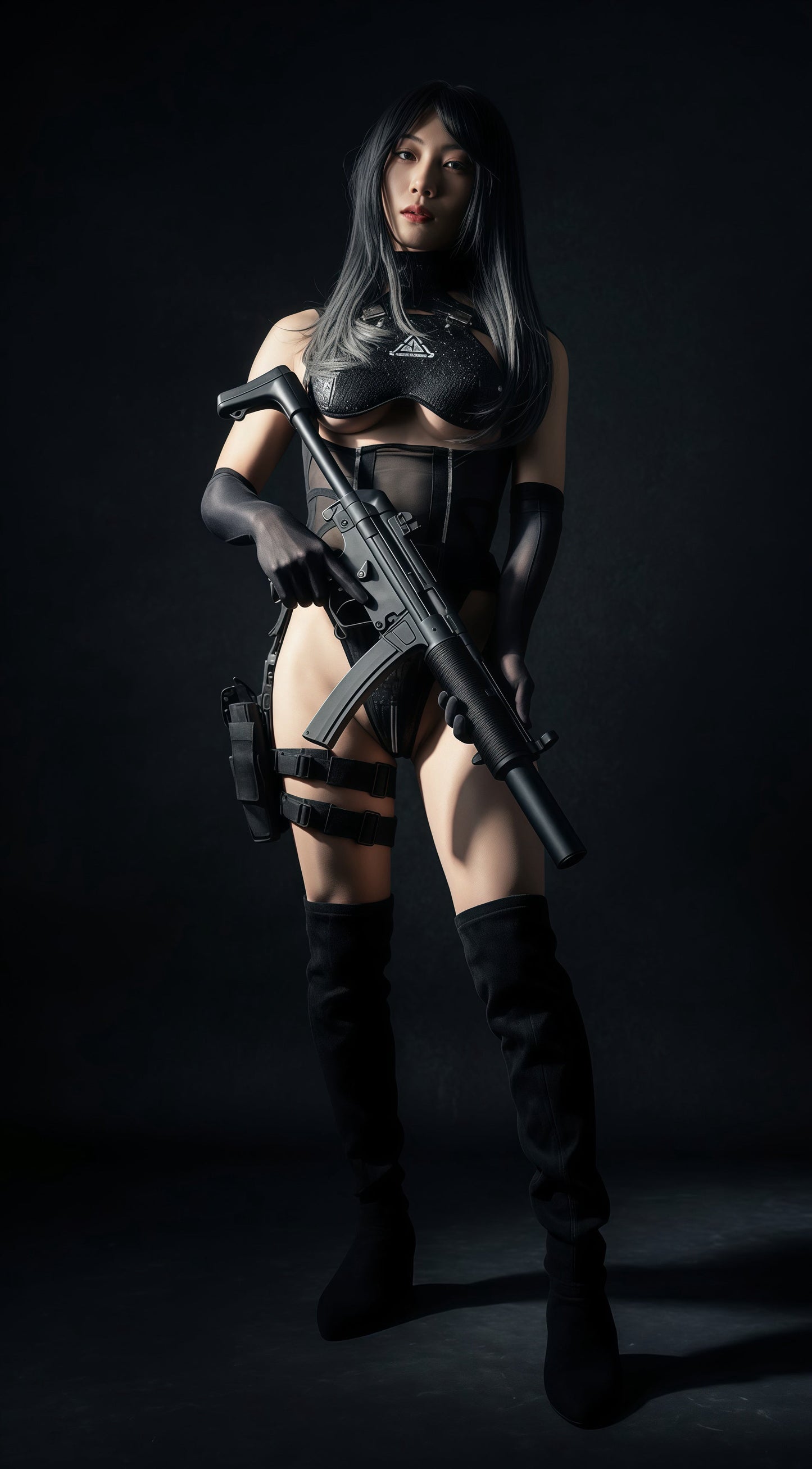 Tactical Anime Girl PU Leather Sheer Mesh Sexy Cosplay Bodysuit Costume