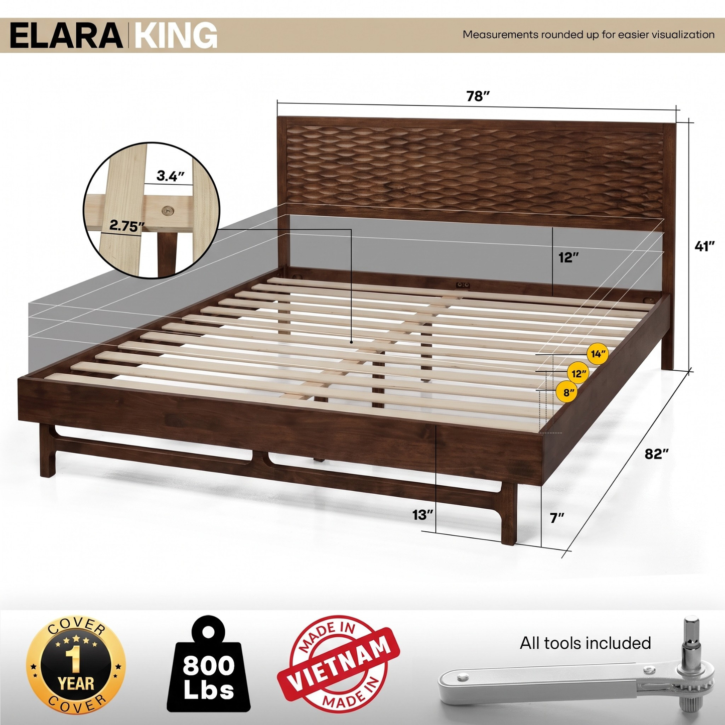 Elara Solid Wood Bed Frame