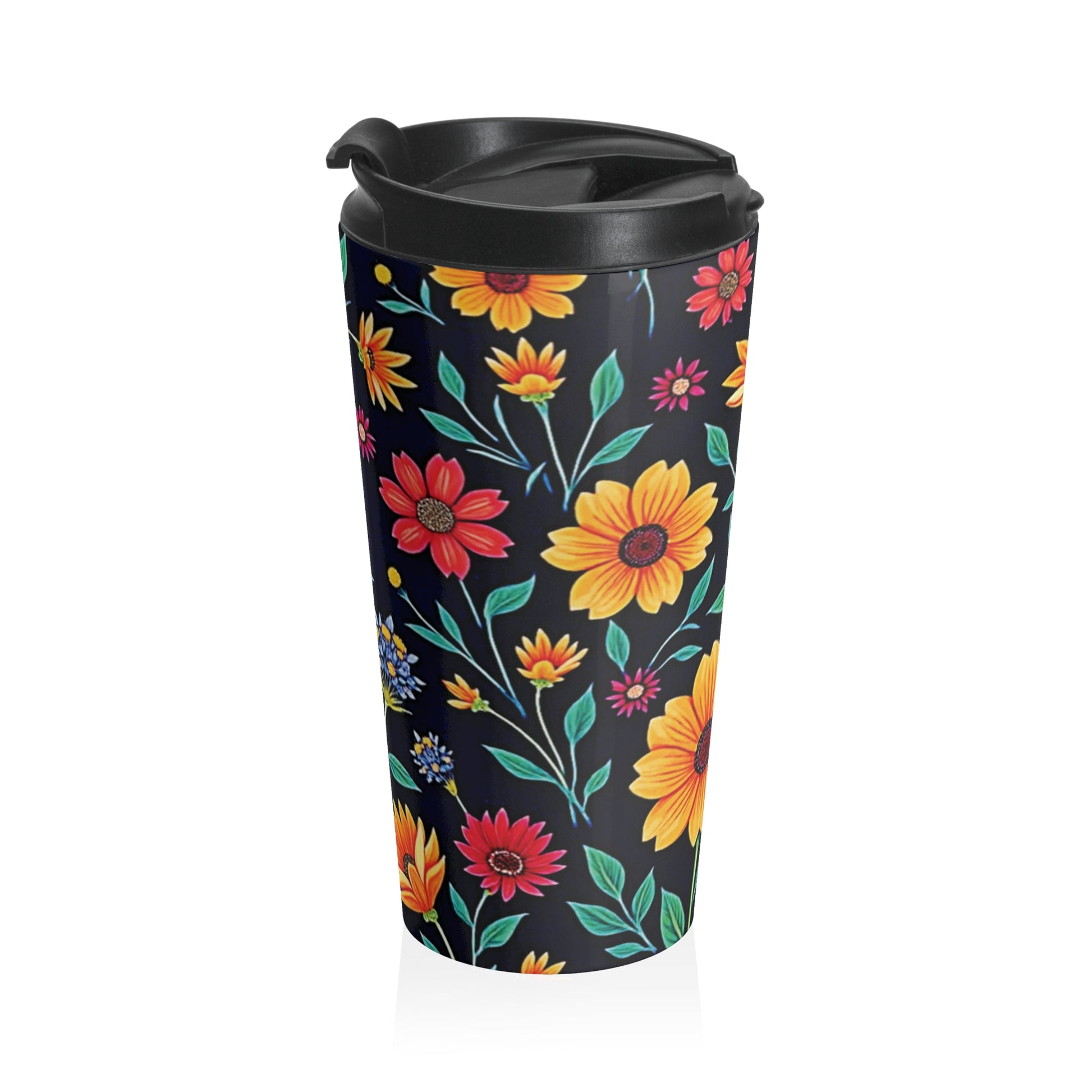Colorful Floral Pattern Stainless Steel Travel Mug | Black Background - AURABAGS SHOP