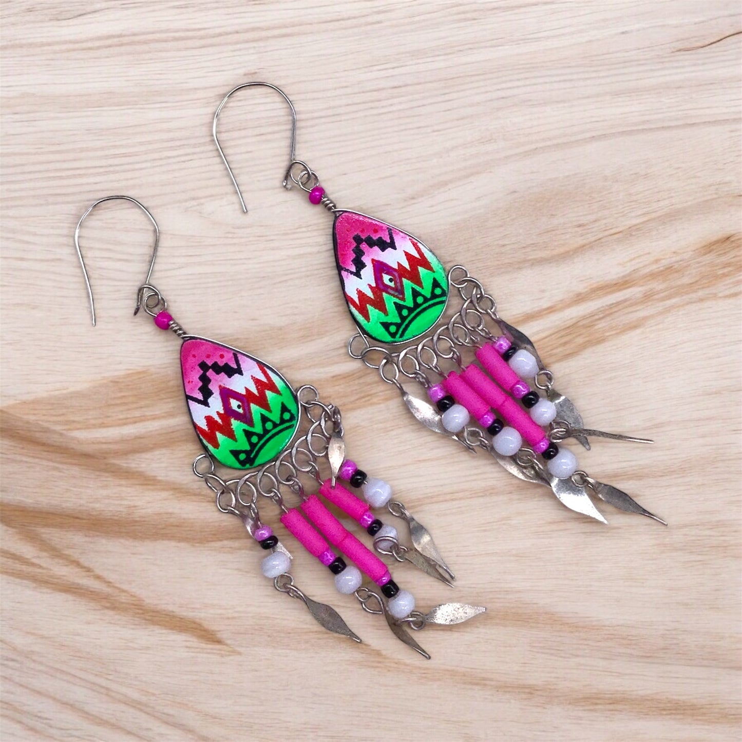 OldTribes™ Small Sized Southwestern Pink and Green Teardrop Earrings
