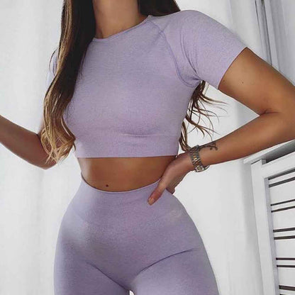 Women’s Seamless Yoga Sports Set – Running Leggings & Short-Sleeve Workout Top