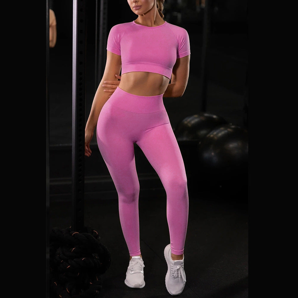Women’s Seamless Yoga Sports Set – Running Leggings & Short-Sleeve Workout Top