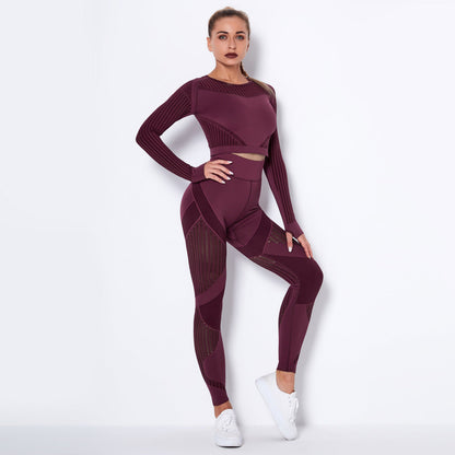 Women’s Seamless Knitted Long-Sleeve Yoga Set – Absorbent Workout Activewear