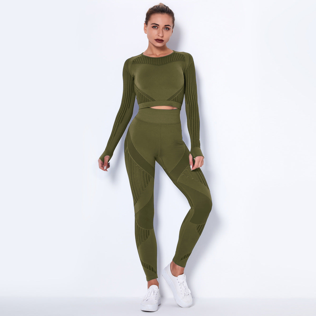 Women’s Seamless Knitted Long-Sleeve Yoga Set – Absorbent Workout Activewear