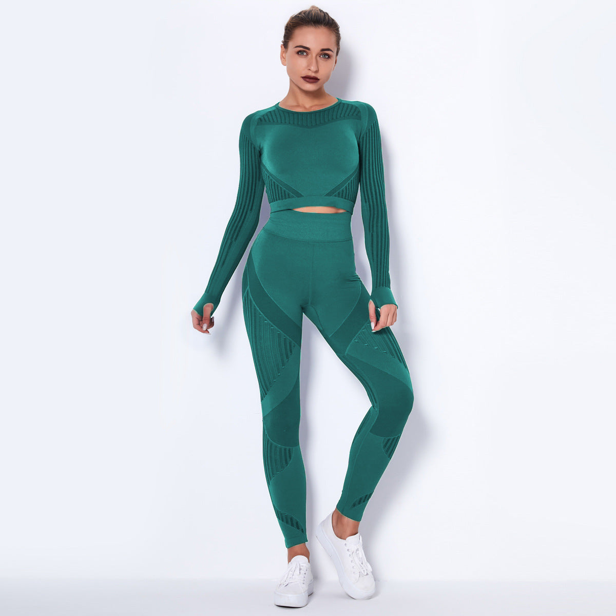 Women’s Seamless Knitted Long-Sleeve Yoga Set – Absorbent Workout Activewear