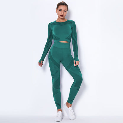 Women’s Seamless Knitted Long-Sleeve Yoga Set – Absorbent Workout Activewear