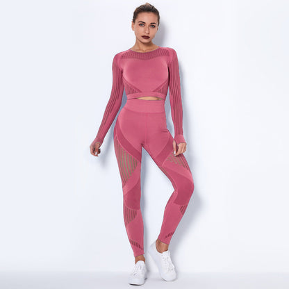 Women’s Seamless Knitted Long-Sleeve Yoga Set – Absorbent Workout Activewear