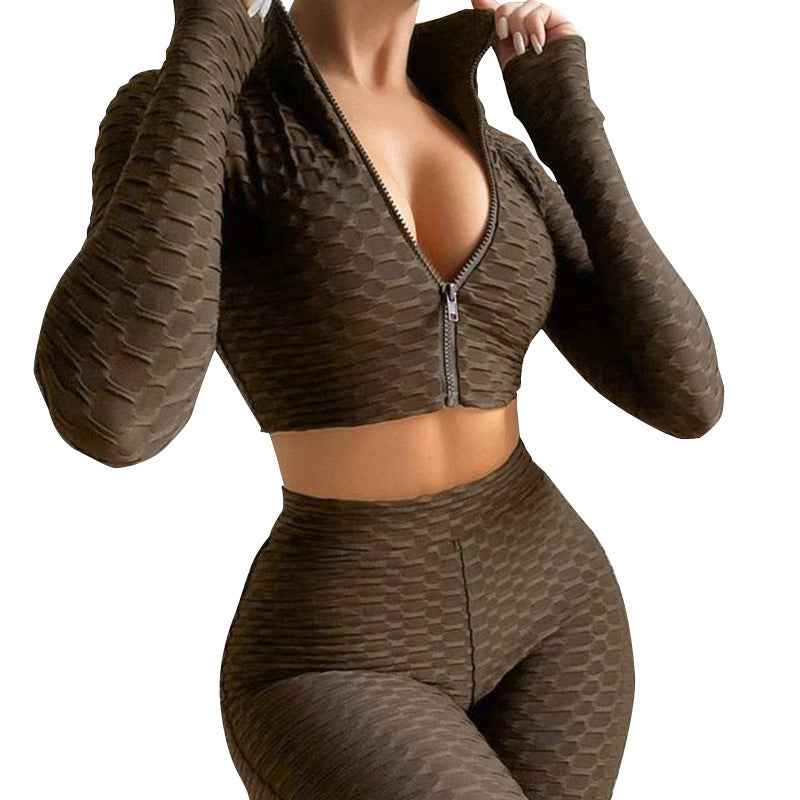 Women’s 2-Piece Yoga Workout Set – Solid-Color Zipper Top & High-Waisted Shorts