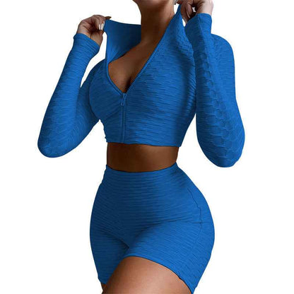 Women’s 2-Piece Yoga Workout Set – Solid-Color Zipper Top & High-Waisted Shorts