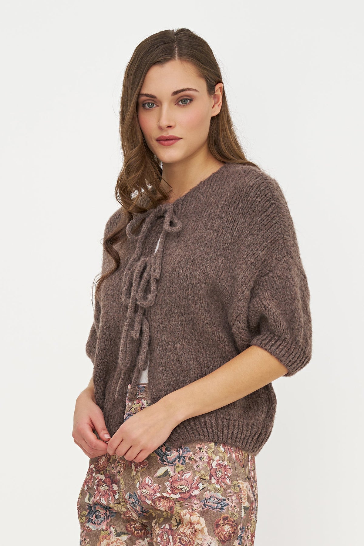 Women's Knit Crew-Neck Cardigan, Elbow-Length Sleeves & Cord Front Tie