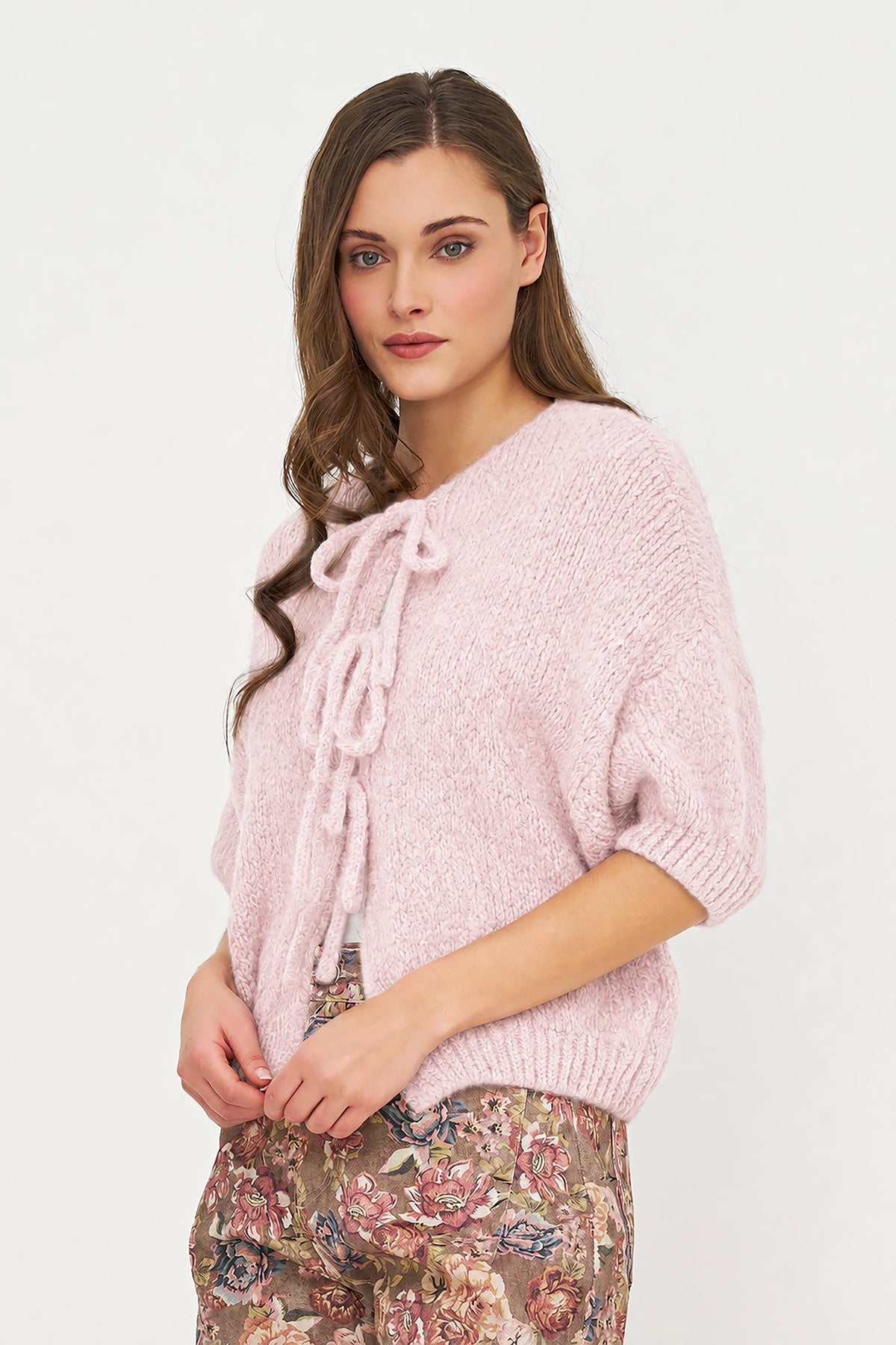 Women's Knit Crew-Neck Cardigan, Elbow-Length Sleeves & Cord Front Tie