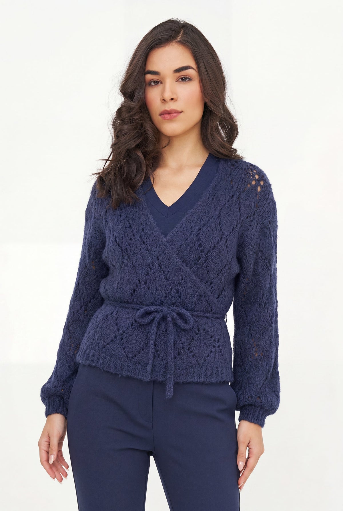 Women's Open-Crochet Knit Wrapped Cardigan, with Long Sleeves & a Thick-Corded Self-Tie Detailing At The Waist