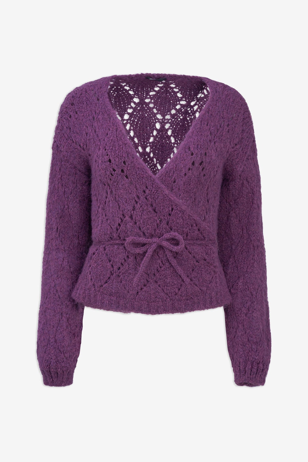 Women's Open-Crochet Knit Wrapped Cardigan, with Long Sleeves & a Thick-Corded Self-Tie Detailing At The Waist