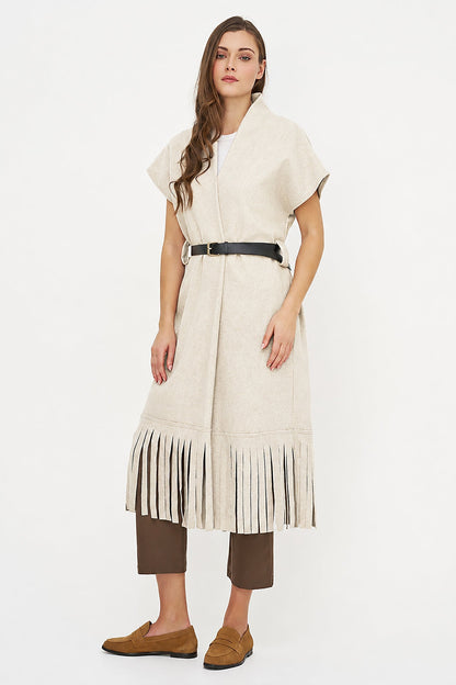 Women's Brushed Woven Open Cardigan with Fringe Hem & Removable Belt