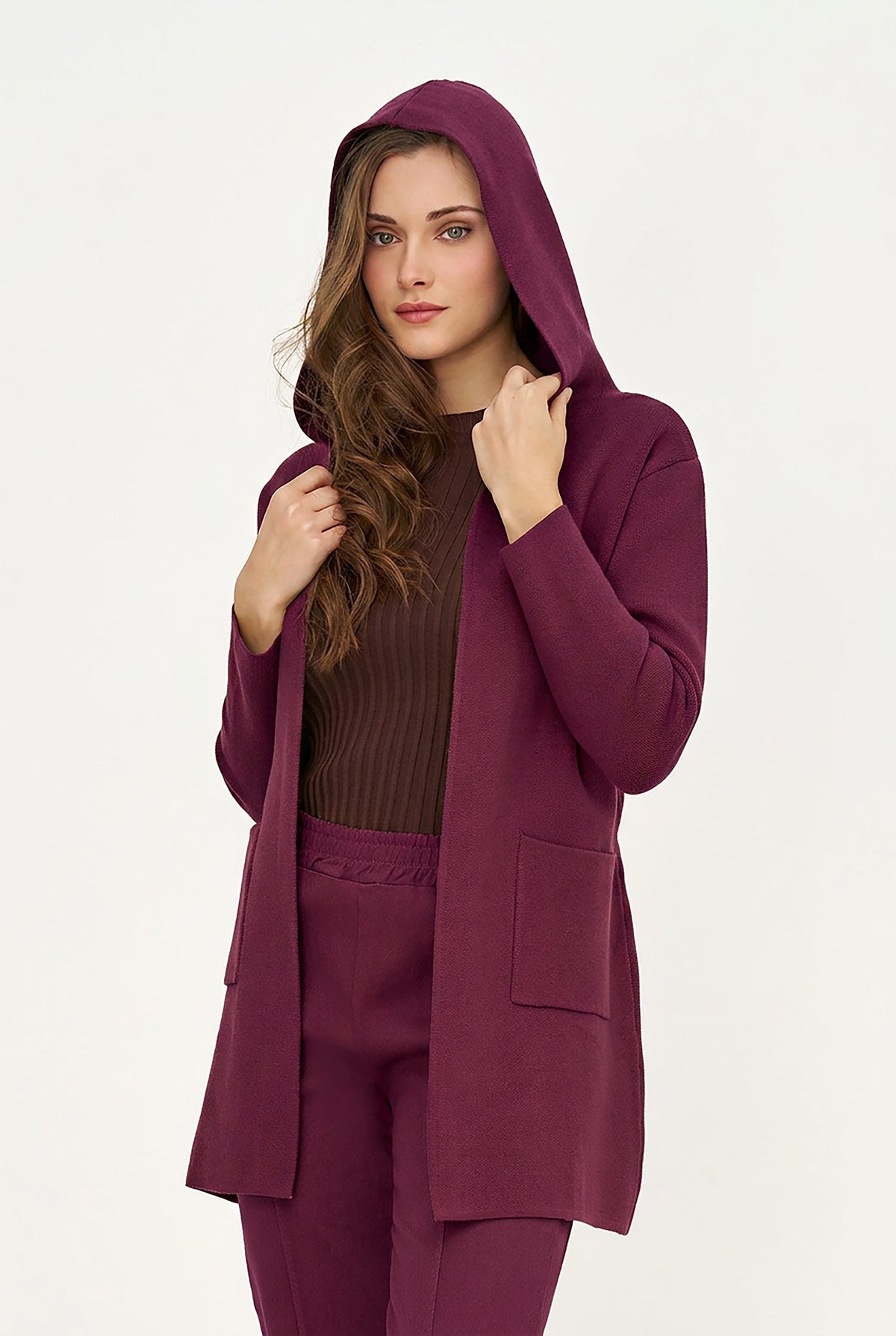 Women's Hooded Cardigan, Long Sleeves, Patch Pockets & Removable Belt