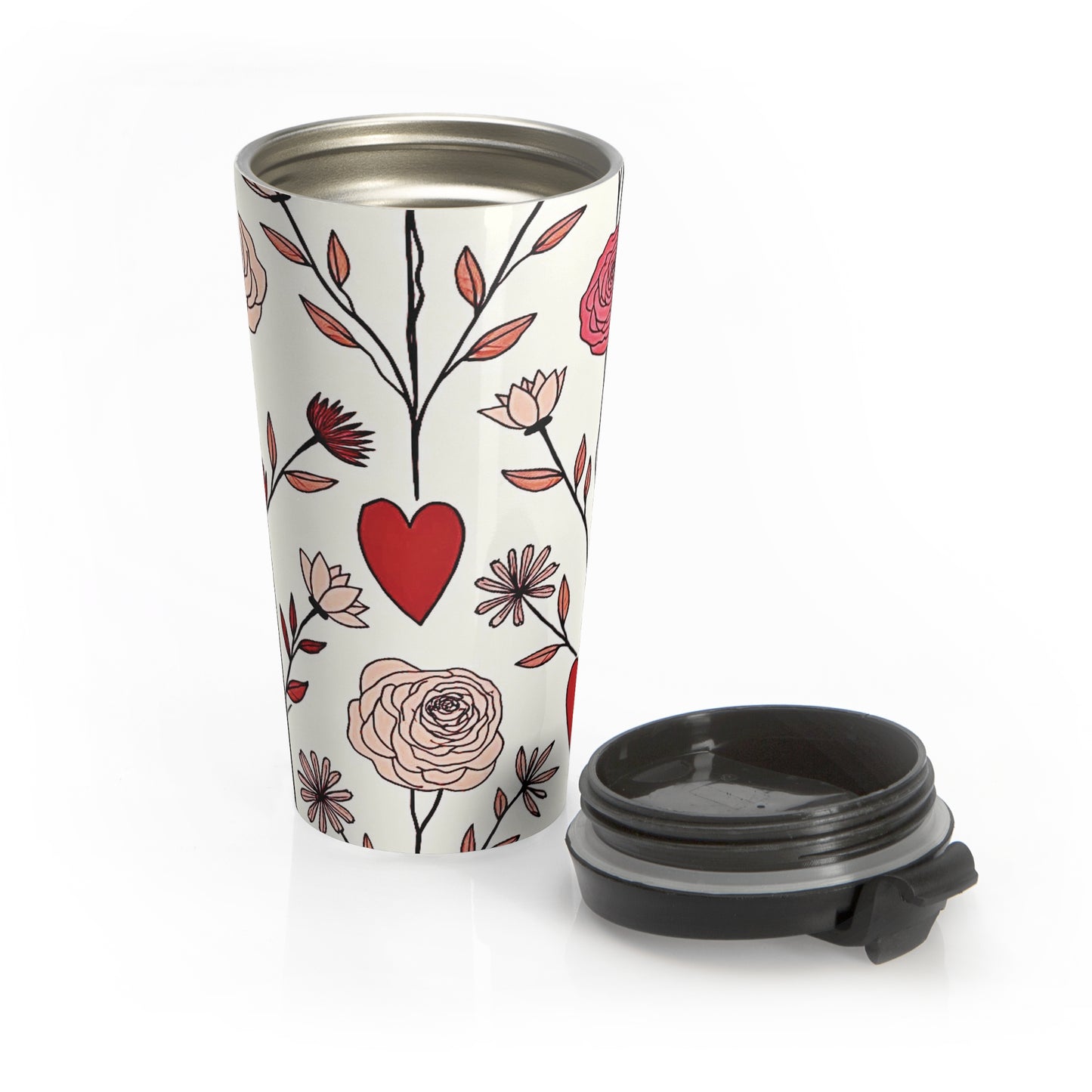 Hand-Drawn Red Heart Floral Stainless Steel Travel Mug | Valentine Pattern - AURABAGS SHOP