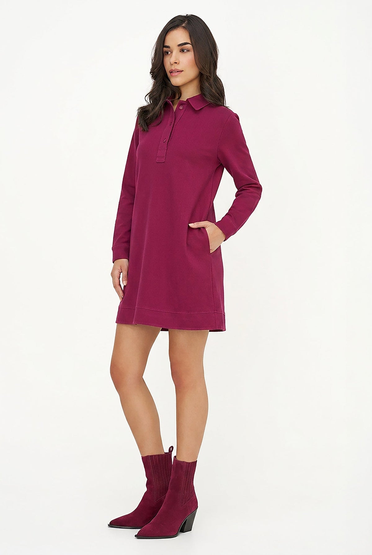 Women's A-Line Dress, Long Sleeves, Partial Button Placket & Pockets
