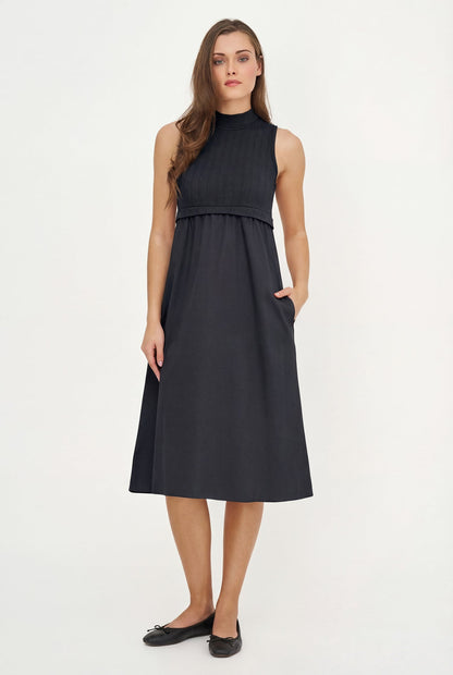 Women's Sleeveless Mock-Neck Dress In a Knit & Woven Combo, Featuring a Knit Top & Woven Bottom